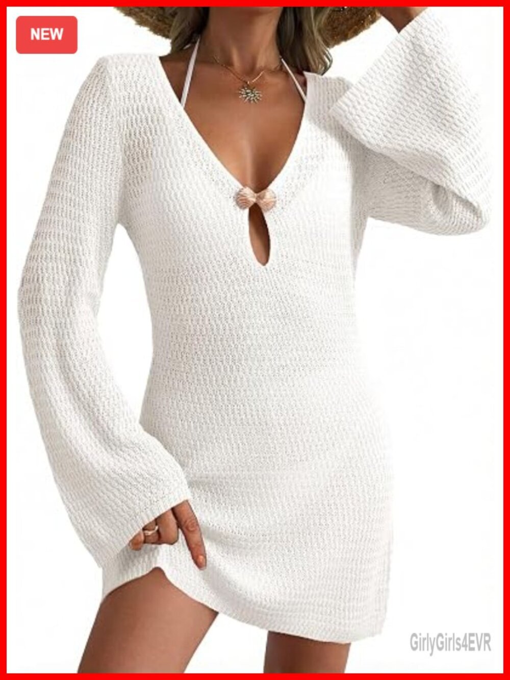 Crochet Knit Deep V Neck Beach Cover Up Dress